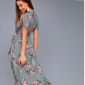 LULUS FIORIRE SLATE BLUE FLORAL WRAP MAXI DRESS